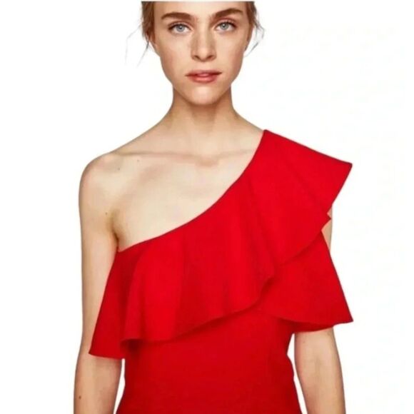 Zara One Shoulder Candy Apple Red Ruffled Pencil Dress Midi Length Holiday Sz M - Picture 3 of 13